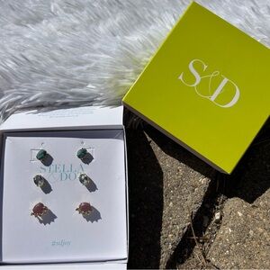 Stella & Dot Pink and Blue Crystal and Goldtone Oval Stud Three Earring Set NEW